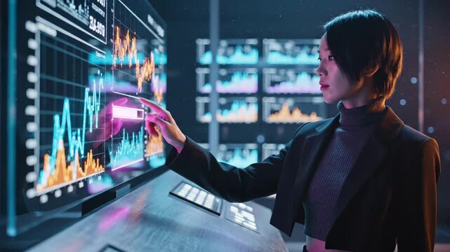 Analyst analyzes business data on a large touch screen. This woman, an analyst, works with a futuristic data interface. The woman touches the screen, managing financial data in a control room. - Powered by Adobe