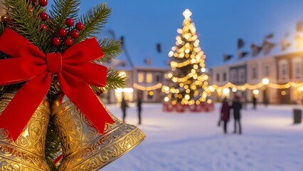 Snowy town square with Christmas tree and bells