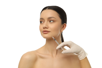 Calm woman poses for cosmetic treatment, isolated on white, PNG
