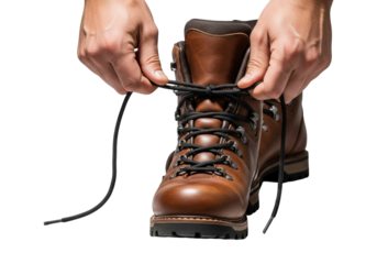 Adult rugged hands tying thick black laces on rich brown leather hiking boots with metal d-rings, isolated on a clean transparent studio background. Concept of preparation for adventure