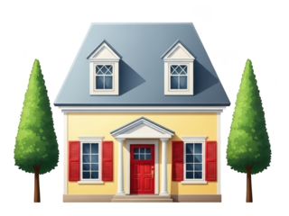 Quaint suburban home with green trees. illustration of residential property design.