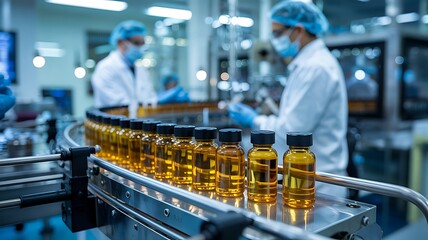 Scientists in sterile lab coats and masks working on an automated production line filling small glass bottles with golden liquid