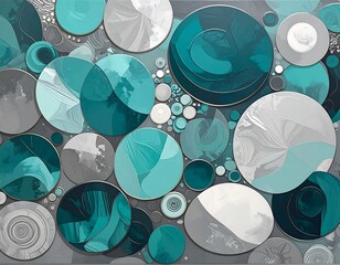 Contemporary abstract composition with circles and flowing shapes in shades of teal