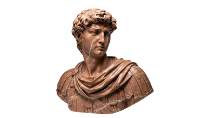 Bust of young man in Roman style isolated PNG, marble sculpture on transparent background, classical art for historical projects