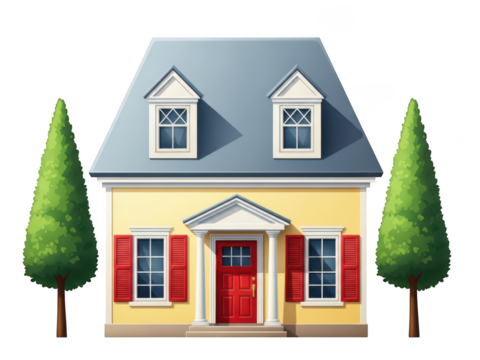 Quaint suburban home with green trees. illustration of residential property design. - Powered by Adobe