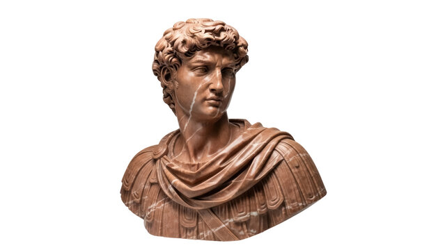Bust of young man in Roman style isolated PNG, marble sculpture on transparent background, classical art for historical projects - Powered by Adobe