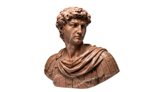 Bust of young man in Roman style isolated PNG, marble sculpture on transparent background, classical art for historical projects
