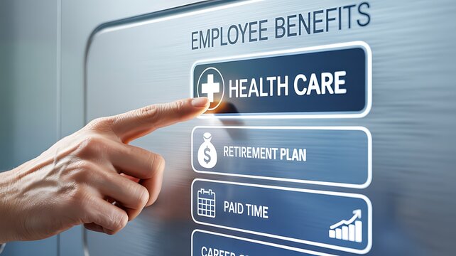 Close up of a person s finger pressing the health care button on a digital employee benefits touchscreen interface