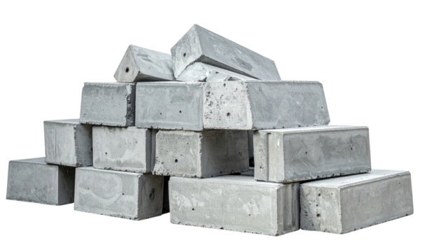 Stack of Heavy Grey Concrete Bricks for Construction and Building Purposes on Transparent Background