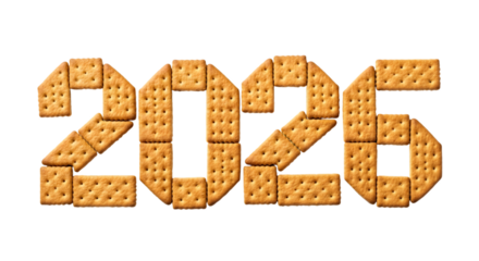 Crunchy 2026 year number formed by snack crackers. isolated on transparent background