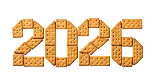 Crunchy 2026 year number formed by snack crackers. isolated on transparent background