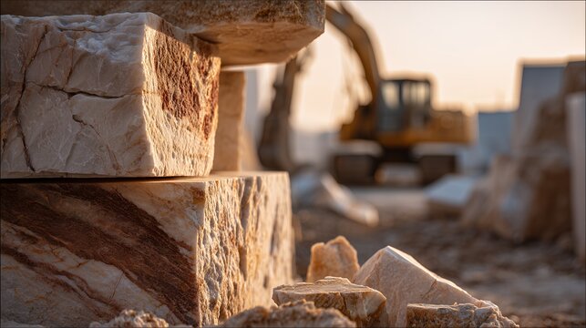 Marble blocks at a quarry with an excavator in the background