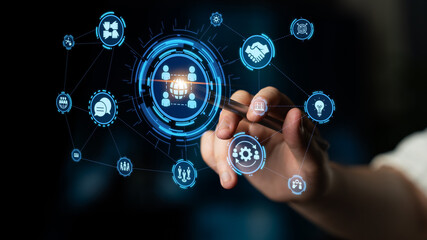 People networking and digital community with teamwork, partnership, collaboration and connection icons showing modern communication and relationship building. Entice