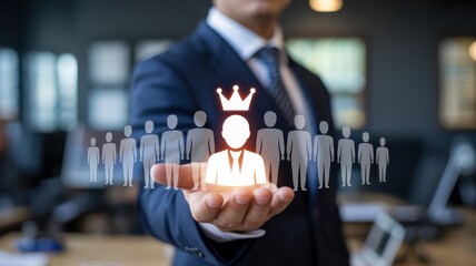 Businessman presents one distinguished individual from a group silhouette projection