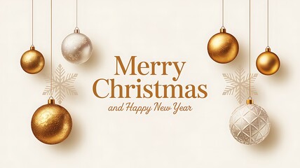 Elegant merry christmas and happy new year greeting with luxurious golden and silver baubles hanging on strings against a soft background