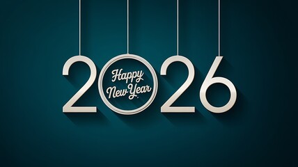 Elegant 2026 numbers and happy new year text hanging on strings against a dark teal background for festive celebrations