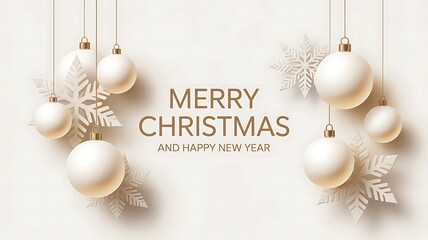 Elegant merry christmas and happy new year greeting card with delicate white baubles and festive foliage on a soft neutral background