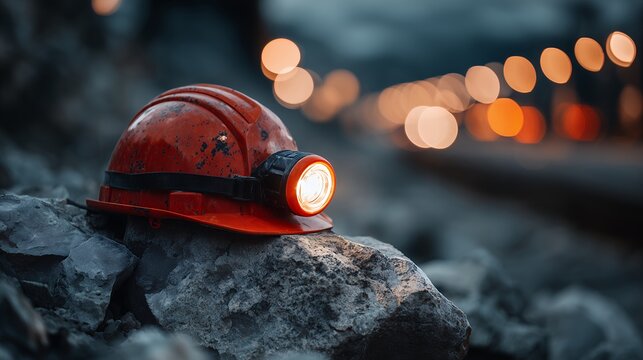Miner’s red hard hat with glowing headlamp on a pile of rocks