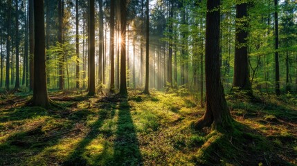Naklejka premium Morning light breaks through tall trees in a vibrant forest creating a serene atmosphere with soft shadows on the ground. The greenery thrives in this peaceful natural space.