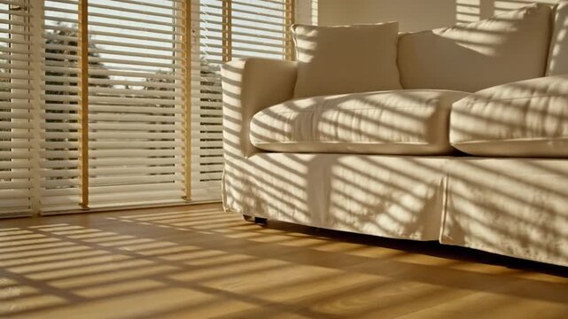 Sunlight streaming through blinds onto a couch and wooden floor.