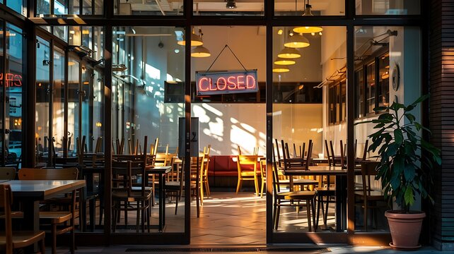Warm afternoon sunlight streams through the glass doors of a cozy cafe illuminating empty tables and chairs inside