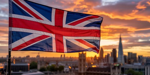Union jack flag waving proudly against a dramatic sunset sky over the iconic london skyline at dusk