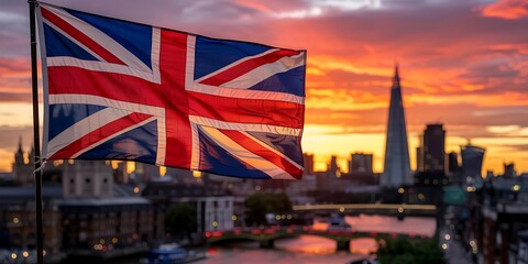 Iconic union jack flag waving proudly against a vibrant london skyline at sunset with dramatic orange sky