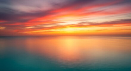 Obraz premium 広大な水平線に沈む太陽が空と海を燃えるような赤とオレンジに染め上げ穏やかな水面に鏡のように映る幻想的な色彩のグラデーションが広がる息をのむような絶景. AI Generated
