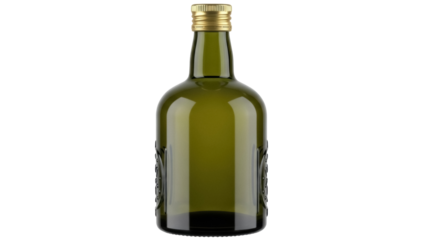 Green olive oil bottle isolated PNG on transparent background, gourmet cooking ingredient for healthy Mediterranean diet