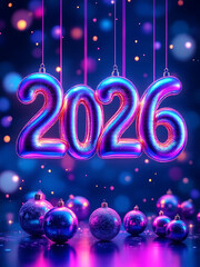 Vibrant Neon Foil Balloons Spelling 2026 Hang Above Reflective Blue and Purple Christmas Ornaments