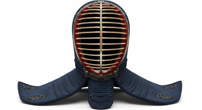 クリアな白色背景に独立して置かれた力強い剣道面 武道の伝統と精神を象徴する精巧な防具が静かに輝く. AI Generated