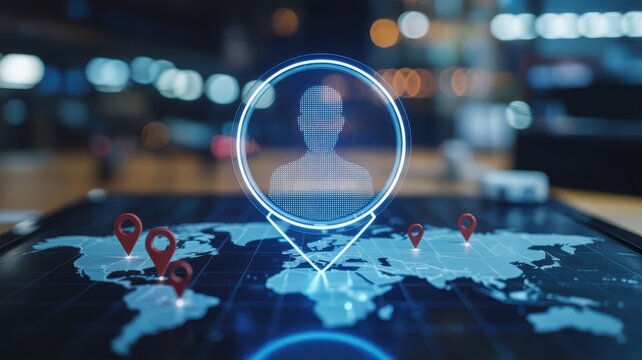 Digital holographic interface displays global user location tracking over a digitized world map