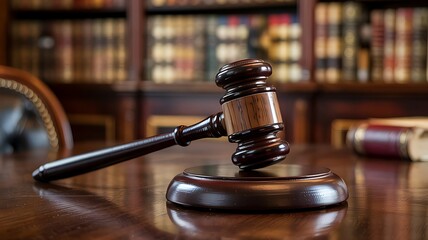 A wooden gavel rests on a polished wooden table in a dimly lit library filled with antique books and legal texts