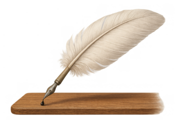 Quill feather pen with an ink drop resting on a small wooden plank, representing vintage writing tools and creativity