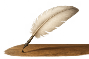 Quill pen with ink drop on a wooden surface representing vintage writing, literature, education, and creativity, transparent background