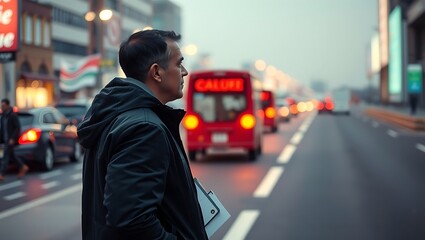 Fototapeta premium Generative AI urban observer contemplates busy street scene with passing vehicles and city lights.