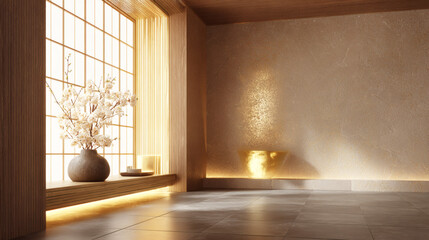 Minimal Japanese Modern Interior with Golden Accent Wall and Soft Lighting