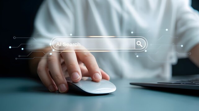 Close-up of hand using computer mouse with virtual AI search engine bar. Concept for artificial intelligence, smart search, machine learning, SEO, data query, and digital transformation.