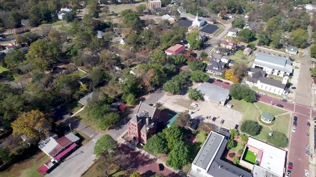 Aerial video of the city of Jefferson, Texas. Camera is flying near the Lion's Club Park.