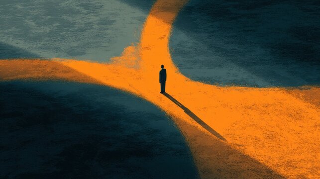 A man stands in the middle of a road with two paths ahead of him. The road is covered in orange and blue paint, giving it a surreal and dreamlike appearance
