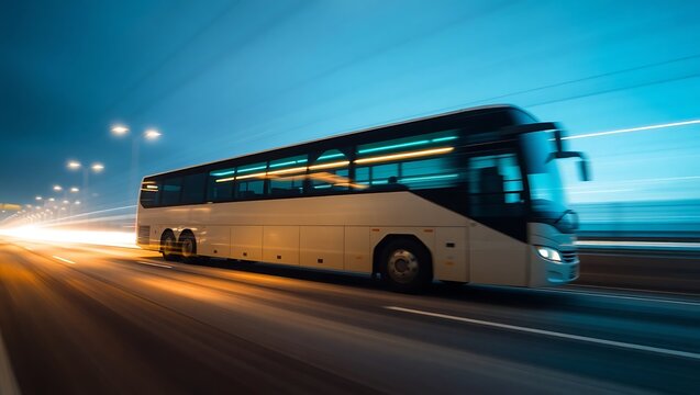 Generative AI vision of a streamlined transit bus rapidly moving through urban light trails at dusk.