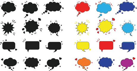 Colorful collection of speech bubbles thought bubbles and explosion graphics