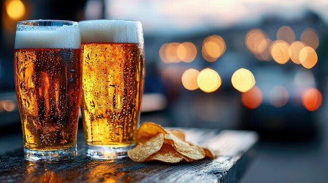 Two pints of beer with foam and condensation, next to potato chips on a wooden table, with blurred bokeh background. Outdoors, evening.