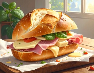 Delicious ham and cheese sandwich with fresh basil on a wooden board near window