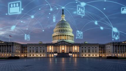 Us capitol building with digital network overlay