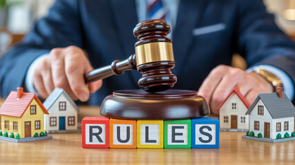 Judges gavel and house models symbolizing rules and law