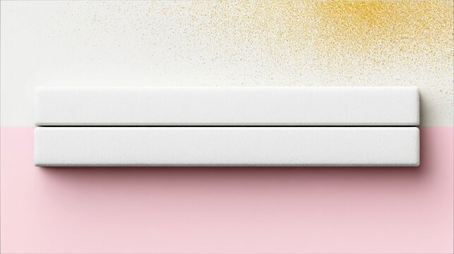 Two white rectangular objects on a pink and white background with gold glitter in a top-down view. The objects are stacked on top of each other.