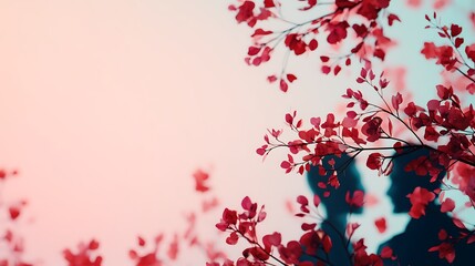 Silhouetted figures are framed by vibrant red flowers, creating a romantic and serene atmosphere against a soft pastel background.