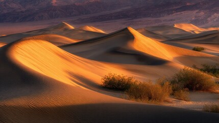 Golden Hour Desert Landscape with Rolling Sand Dunes and Bushes Illuminated by Warm Sunlight