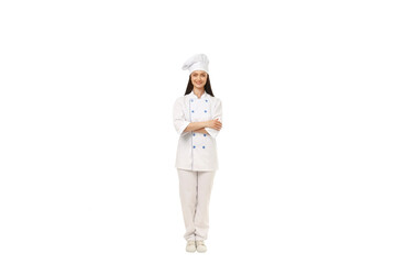 Cheerful female chef in white, arms crossed, isolated on white, PNG